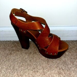 Steve Madden Wood, Leather and Gold Strappy Heels